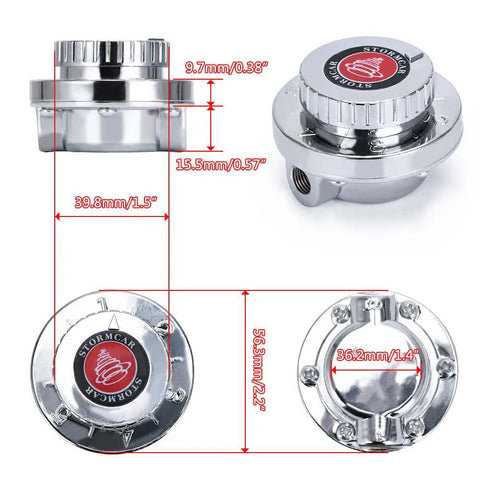 Dimensions of chrome-silver manual adjustable fuel pressure regulator kit with gold plated fittings for carburetor systems