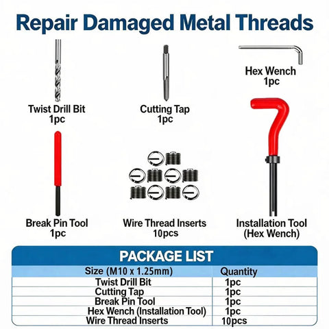 M10 X 1.25 Thread Repair Kit With Helicoil Inserts, includes drill bit, cutting tap, wire thread inserts, tools, for damaged threads.