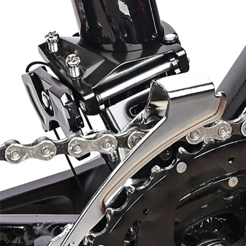 3 Speed Clamp On Front Derailleur For Mountain Bike And Road Bike With Top Or Bottom Pull Beefy Dual Pull Setup For Smooth Shifting Fits 31.8mm To 34.9mm Tubes Includes 34.9 To 31.8mm Conversion Ring Easy Install on bike frame close-up