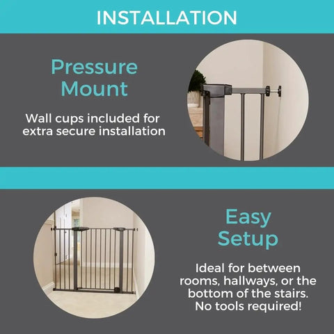 Installation of Extra Tall And Wide Pressure Mounted Baby Gate For Doorways, Adjustable 29.75 To 52 Inches Wide, shown against a wall.