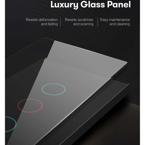 2 Gang Glass Panel WiFi Smart Light Switch With Touch Control, showcasing luxury glass panel and touch-sensitive icons