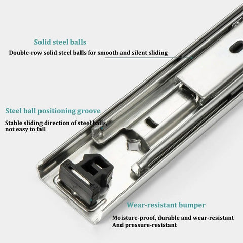 Close-up of Beefy Heavy Duty 48 Inch Locking Drawer Slides 260 lb Capacity showing solid steel balls and positioning groove.