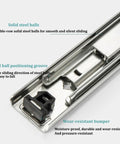 Close-up of Beefy 10 Inch Locking Drawer Slides With 260 Lb Capacity, showing metal rails with steel balls and a positioning groove.