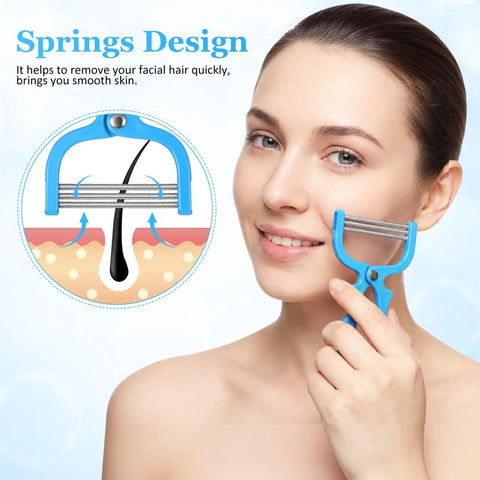 Facial Hair Epilator Spring Tool 3-Pack Painless No Fuss Root Remover For Upper Lip Chin Cheeks Forehead Peach Fuzz Removal Easy To Use Manual Threading Device For Women And Men shown on cheek