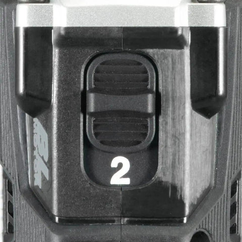 Dual speed switch on Compact 18V Brushless One Half Inch Cordless Drill Driver Kit For Tight Spaces With Lightweight Ergonomic Grip Under 3 Lbs Sub Compact Design Dual Speed Transmission 0 To 500 And 0 To 1700 RPM Renewed Condition