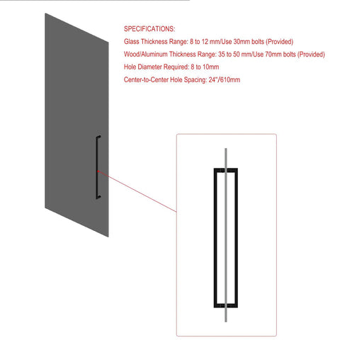 24 Inch Double Sided Push Pull Door Handle In Brushed Stainless Steel For Sliding Barn Doors Easy Install For Wood Or Glass Doors Slick Modern Minimalist Hardware With 24 Inch Center To Center Spacing And 8 To 12 Millimeter Glass Thickness, installed on glass door