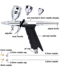 Slick Dual Action Pistol Trigger Spray Gun And Airbrush Kit Featuring Ace 0.3mm 0.5mm 0.8mm Tips with various nozzles and anti-slip handle.