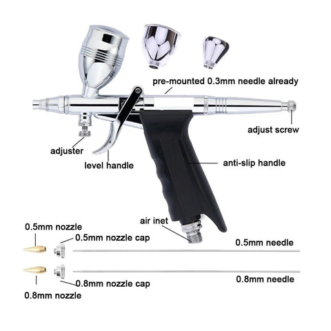 Slick Dual Action Pistol Trigger Spray Gun And Airbrush Kit Featuring Ace 0.3mm 0.5mm 0.8mm Tips with various nozzles and anti-slip handle.