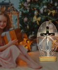 Jesus Cross Night Light USB Powered Cozy Bedside Lamp with 3D cross illusion LED and warm yellow glow near Christmas tree and child.