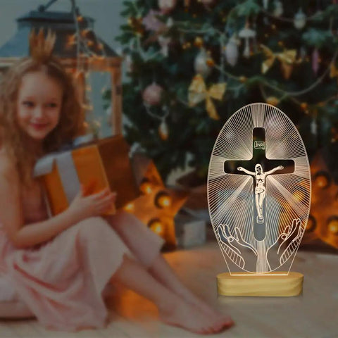 Jesus Cross Night Light USB Powered Cozy Bedside Lamp with 3D cross illusion LED and warm yellow glow near Christmas tree and child.
