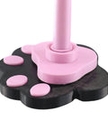 Close-up of non-slip base on desk yarn stand with swivel wheels, showing pink and black 3D printed design for home projects.