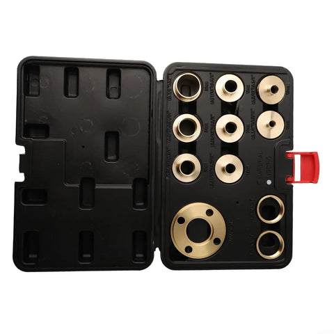 Top Shelf 11 Piece Solid Brass Router Template Guide Kit With Lock Nut Adapter and Storage Bag, showing brass rings in storage case.