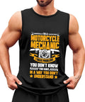 Fresh Men's Lightweight Cotton Tank Top, Sleeveless Muscle Shirt with motorcycle mechanic graphic for outdoor workouts.