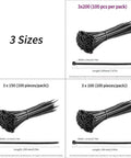 Heavy Duty Cable Ties For Quick Cord Cleanup And Wire Harness Organization PA66 Nylon Bundle Straps shown in three sizes with dimensions.