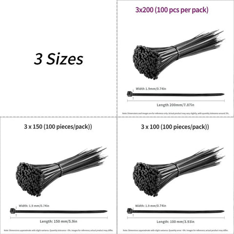 Heavy Duty Cable Ties For Quick Cord Cleanup And Wire Harness Organization PA66 Nylon Bundle Straps shown in three sizes with dimensions.