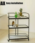 Three-tier black metal cart with glass shelves, holding bottles and a pineapple, on swivel casters with threaded stem.
