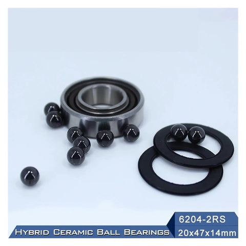 Top Quality 6204 Hybrid Ceramic Bearing 20x47x14mm Sealed Deep Groove Design showing bearing, ceramic balls, and seals.
