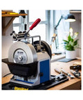Heavy Duty Water Cooled Knife Sharpener Kit With Rock Solid Universal Support Bar And Precision Guide Jig Plus Roomy Accessory Case Bundle built tough, close-up view of sharpener setup on workbench.