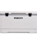 Front view of Latitude Marine 100 Quart Cooler With Cool Riser Elevation For Extra Chill Ultra White Finish Five Day Ice Retention ThermeCool Eco Foam Insulation Foam Lid Marine Grade Hinges 94 Liter Capacity For Big Boat Trips