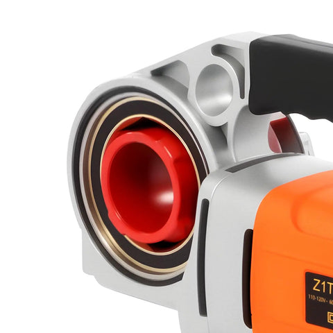 Close-up of Heavy Duty 2300W Electric Pipe Threader Machine With Pure Copper Motor, showcasing red collar and aluminum alloy body.