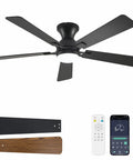52 Inch Black Low Profile Ceiling Fan With Light And Remote Flush Mount Reversible DC Motor Dimmable LED 3CCT Quiet Smart App Control
