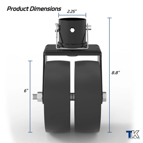 Front view of 2000 Lb Dual 6 Inch Trailer Jack Swivel Caster With Pin For 2 Inch Tubes Wheel Replacement For Boat And Utility Trailers, dimensions labeled.