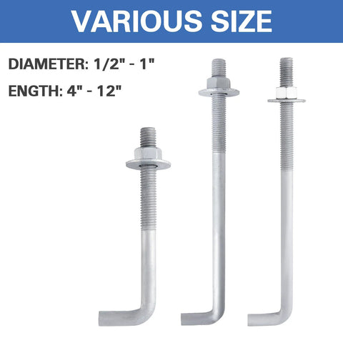 Five Eighth Inch By Eight Inch Concrete Anchor Bolts L Shaped, 10 Pack, Hot Dip Galvanized, Carbon Steel With Nuts And USS Washers