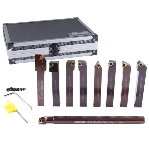 Nine-Piece 1/2 Inch Indexable Carbide Lathe Tool Set in case, includes tools for threading, turning, cutting, black oxide finish
