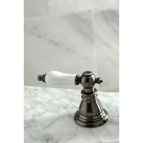 Close-up of the handle from the American Patriot Widespread Bathroom Faucet With Brass Pop Up Drain Black Stainless Finish