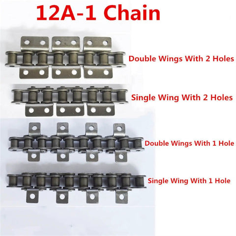 Heavy Duty 12A1 Short Pitch Conveyor Chain With K1 And K2 Drag Attachments 1.5 Meter 40Mn Alloy Steel Roller Link showing variations.