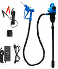 High Octane Dual Power 120V And 12V Electric Drum Pump for 55 Gallon Barrels, includes hoses and cables.