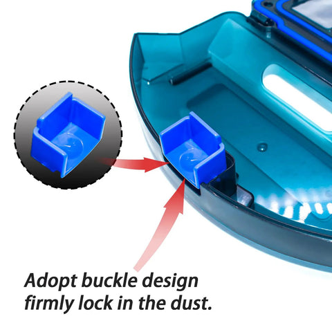 Big Capacity Dust Bin Box Replacement For RoboVac Series Vacuum Cleaners Compatible With 11S 12 15C 15T 25C 30 30C 35C Ultra Easy Install Scrape Free Emptying Durable High Volume Dustbin Part showing blue buckle design