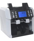 Top Shelf Touchscreen Money Counter With Breakneck Bill Counting Speed Multi Currency Sorting Capability Integrated Receipt Printer, front view with LED display.