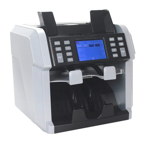 Top Shelf Touchscreen Money Counter With Breakneck Bill Counting Speed Multi Currency Sorting Capability Integrated Receipt Printer, front view with LED display.