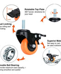 Caster Wheels 2 Inch Swivel Set Of Four Heavy Duty 600 Lbs Per Caster Half Inch 13 Threaded By One Inch Shafts Dual Locking Industrial Castors Smooth Quiet With Brakes For Cart And Equipment showing features like dual locking, rotatable top plate, and double ball bearing.