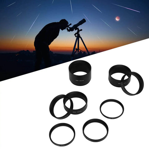 Extension Tube Kit With M48 Threads On Both Sides displayed with telescope silhouette and night sky background.