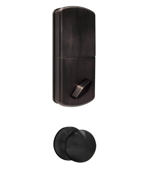 Electronic Touchpad Keyless Deadbolt and Passage Knob Combo in Oil Rubbed Bronze Finish, shown with sleek design, exterior view.
