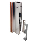 Diecast Mill Finish Sliding Patio Door Surface Mount Handle With Anti Lift Hook Latch For Older Style Doors Surface Mount Design Hook Latch Mechanism Mounting Holes On Center Four Fifteen Sixteen Inches Single Pack showing front view