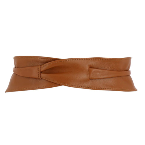 Women Italian Leather Obi Belt In Rich Camel Buttery Soft Full Grain Cowhide Wide Waist Sash showcasing smooth camel leather design.