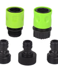 Five Piece Garden Hose Quick Connect Kit With Plastic Tap Adapters For Easy Leak Free Connections To Hoses Sprinklers Nozzles Spigots And More For Quick Mess Free Garden Watering Tasks, including green and black plastic components