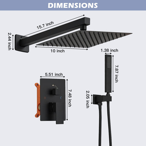 Dimensions of Black Square Shower System With 10 Inch Rainfall Shower Head, Dual Function Wall Mount Mixer, Handheld Shower