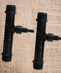 Black plastic Three Quarter Inch Irrigation Venturi Fertilizer Mixer Injectors, two pack, for outdoor garden farm lawn use.