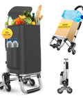 Heavy Duty 3 In 1 Shopping Cart Foldable Hand Truck With 6 Wheels shown with groceries, folded