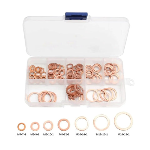 Copper Flat Washers Set For Screws, Rust Resistant Gasket Shims, Heavy Duty Kit With 100 120 200 280 300 Pieces For Auto DIY And Home Projects, Keeps Fasteners Stable And Spreads Pressure. Assorted copper washers in storage box, M4-M14 sizes
