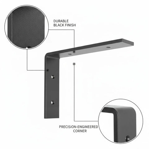 Sturdy L Shaped Wall Mount Bracket For Floating Shelves And Desks, Black Cold Rolled Steel, showing durable finish and precision-engineered corner