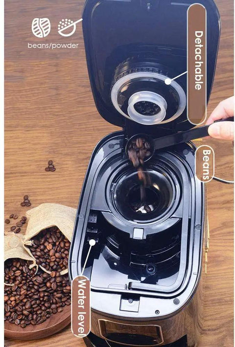 Smooth Sipping Days Start Here With This Fully Automatic Coffee Maker Featuring A Built In Bean Grinder Led Touch Display And Keep Hot Feature Brews One To Four Cups Effortlessly And Makes A Sweet Gift For Coffee Devotees, showing detachable lid and beans compartment.