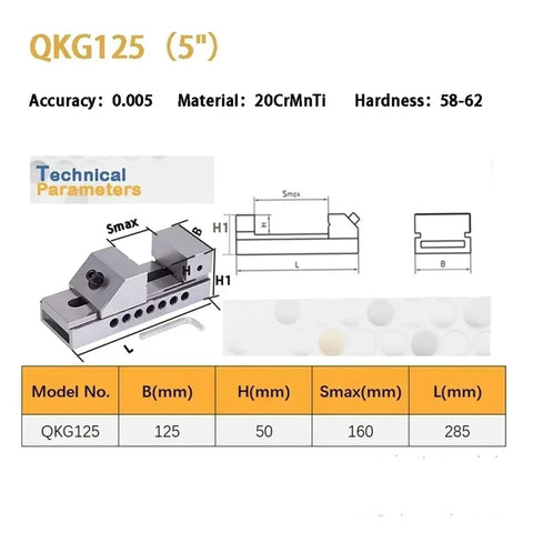 High Precision Machine Vise With Lightning Fast Jaw Adjustment That Is Gonna Crush Every Milling Grinding And Edm Challenge You Throw At It Today On Your Garage Or Workshop Setup, 5-inch size, 20CrMnTi material, detailed dimensions.