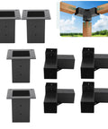 Kickass Heavy Duty Steel Bracket Kit For DIY Elevated Wood Stand Outdoor Projects Black Powder Coated Rust Resistant Hardware Set Eight Piece Pack For Deck Builds with four vertical and four corner brackets.