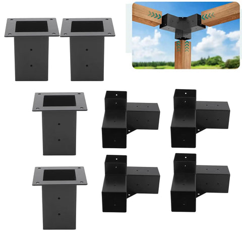 Kickass Heavy Duty Steel Bracket Kit For DIY Elevated Wood Stand Outdoor Projects Black Powder Coated Rust Resistant Hardware Set Eight Piece Pack For Deck Builds with four vertical and four corner brackets.