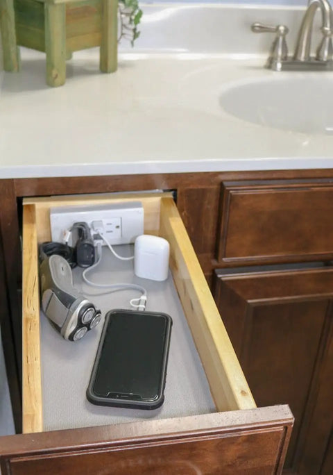 In Drawer Outlet With Cord Management Arm And USB A Ports Two 15 Amp Outlets Fits Narrow And Shallow Drawers in use